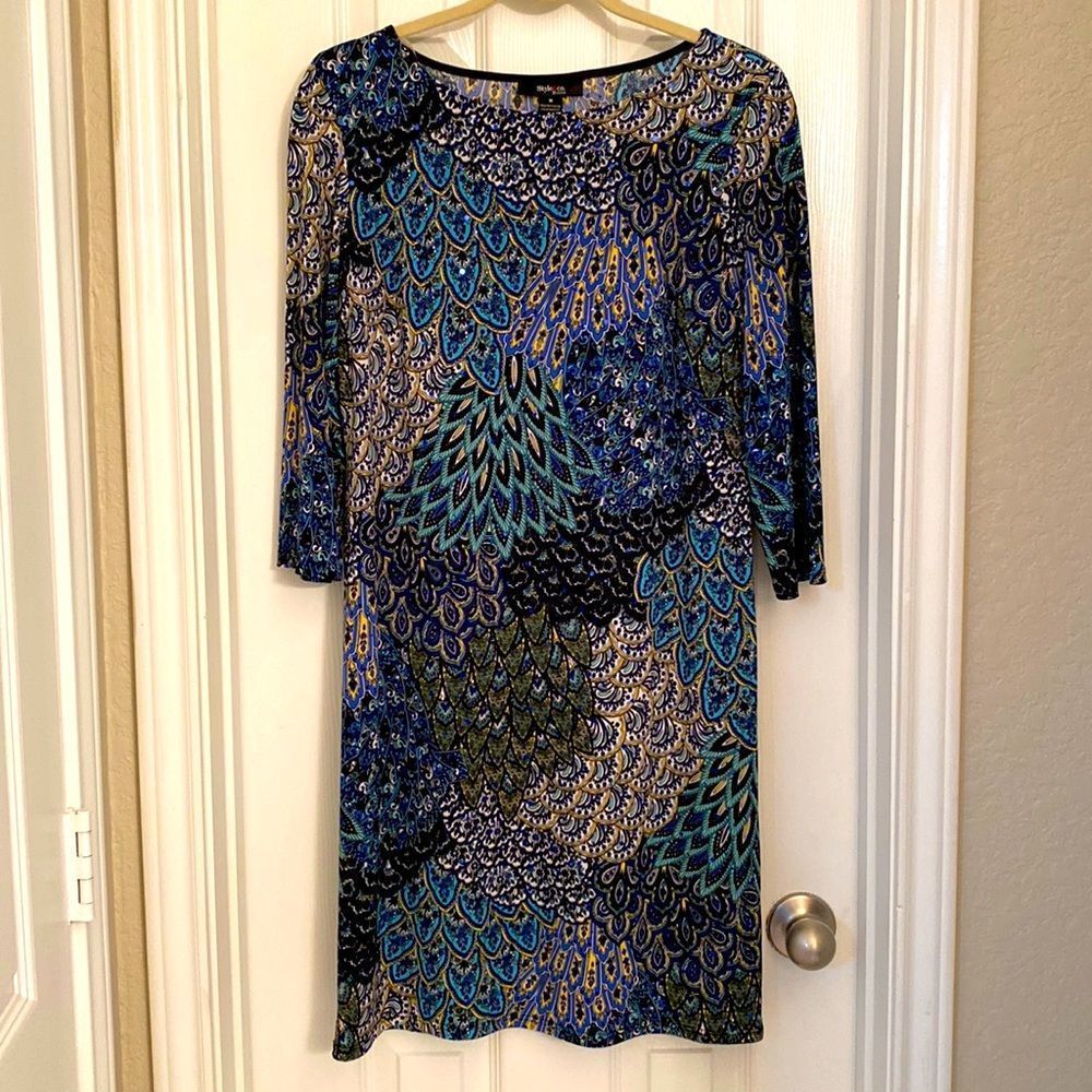 Style & co sequined shift dress in navy and turquoise peacock pattern